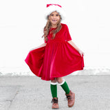 VELVET MID SLEEVE TWIRL- Ruby Red Stretch Velvet Twirl Dress - HoneyBug 