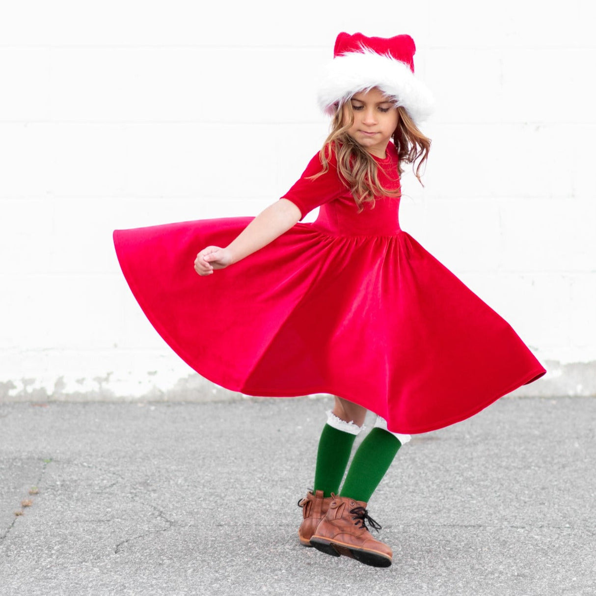 VELVET MID SLEEVE TWIRL- Ruby Red Stretch Velvet Twirl Dress - HoneyBug 