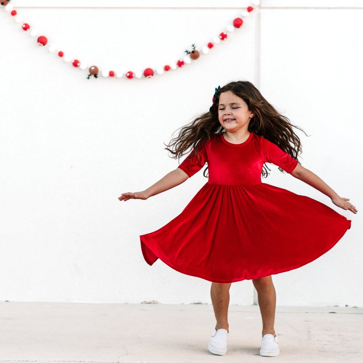 VELVET MID SLEEVE TWIRL- Ruby Red Stretch Velvet Twirl Dress - HoneyBug 