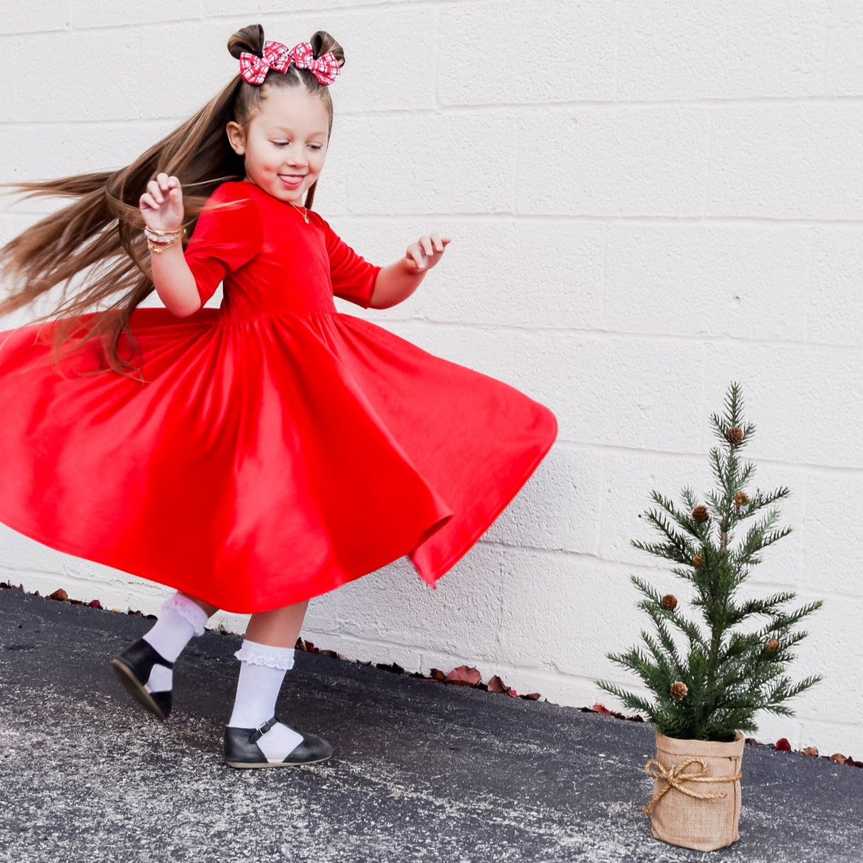 VELVET MID SLEEVE TWIRL- Ruby Red Stretch Velvet Twirl Dress - HoneyBug 