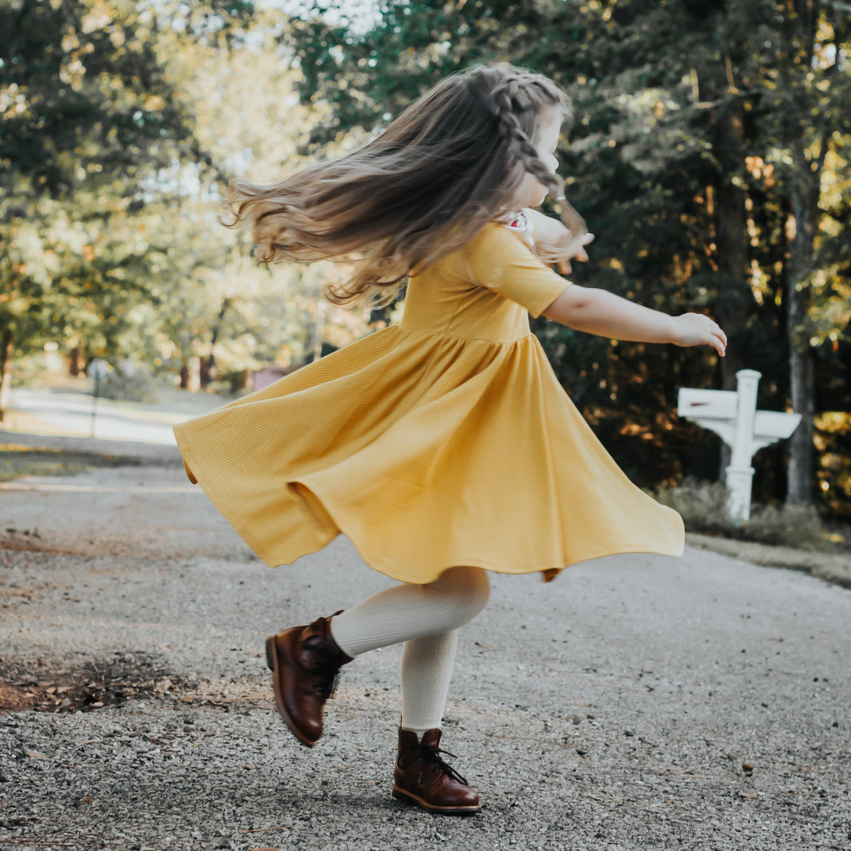 MID SLEEVE TWIRL DRESS- Honey Mustard Ribbed