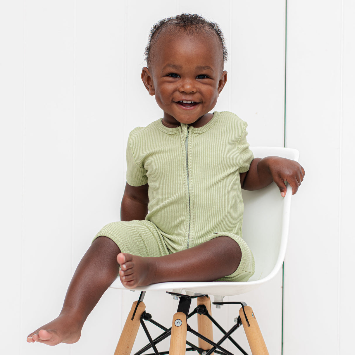SHORTIE ZIP ROMPER - Pistachio Ribbed - HoneyBug 