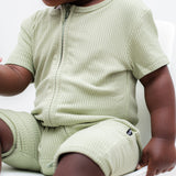 SHORTIE ZIP ROMPER - Pistachio Ribbed - HoneyBug 