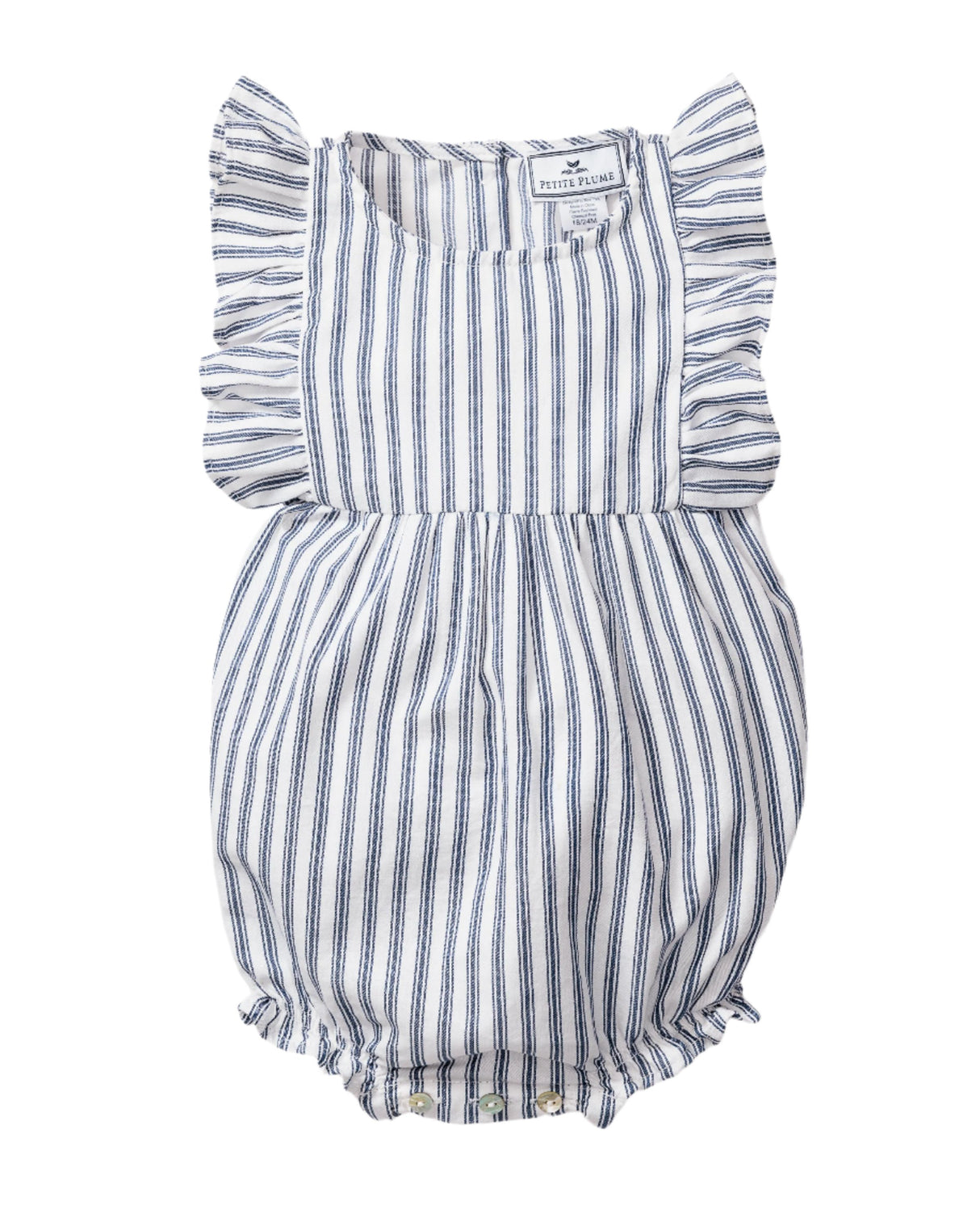 Baby's Twill Ruffled Rompers in Navy French Ticking