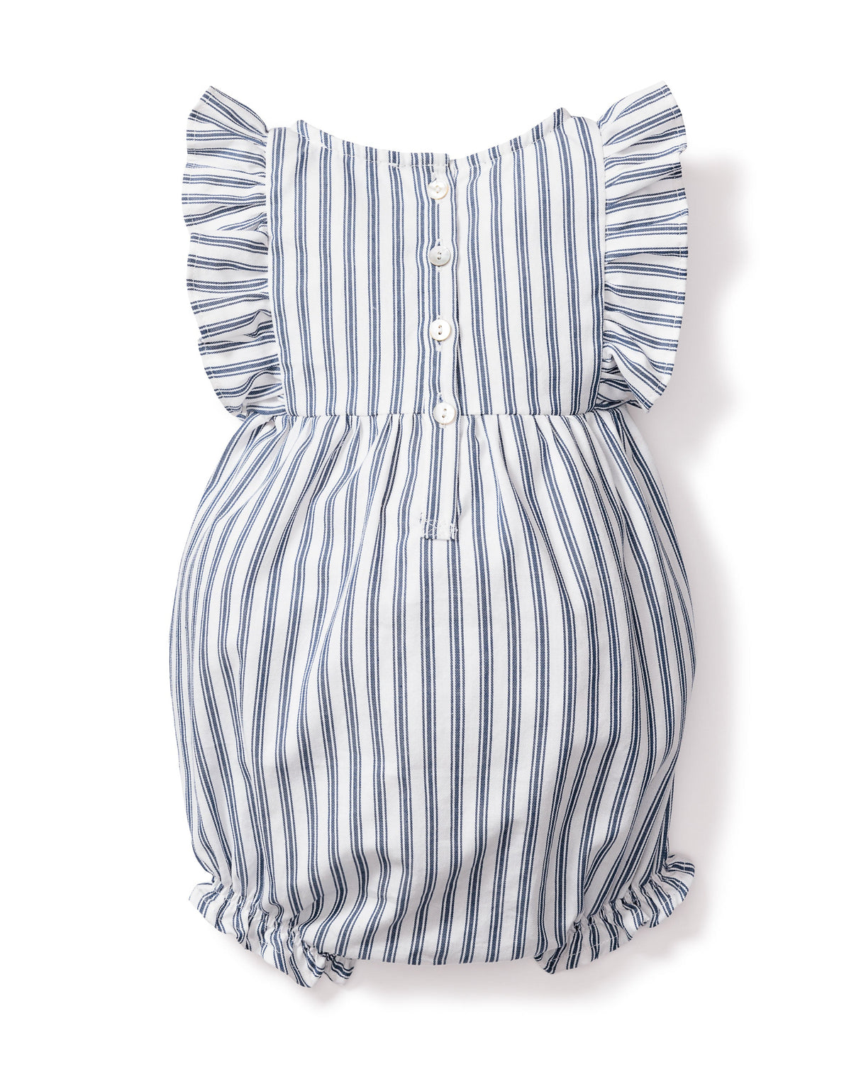 Baby's Twill Ruffled Rompers in Navy French Ticking