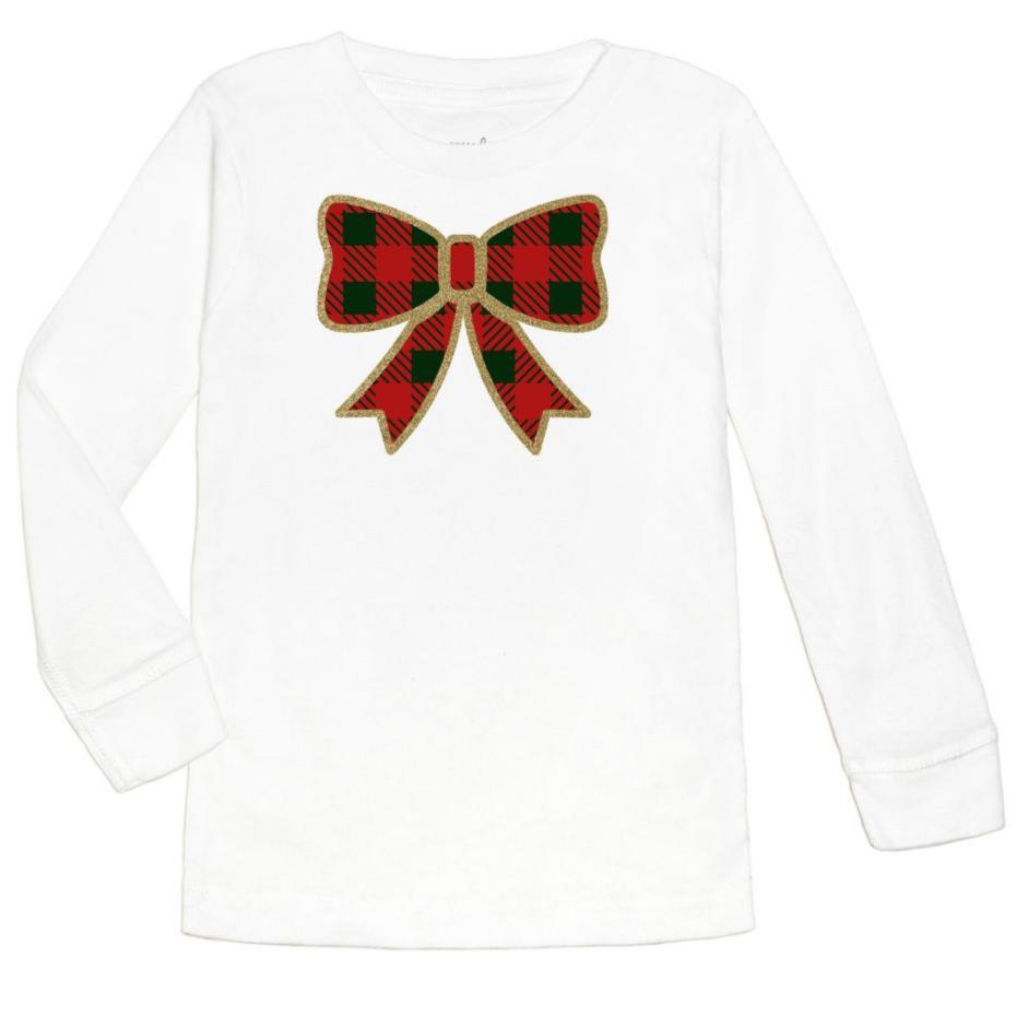 Christmas Plaid Bow Long Sleeve Shirt - White