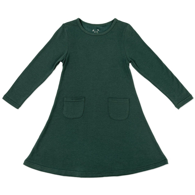 Forest Green Bamboo Terry Daywear Girls' Long Sleeve Dress - HoneyBug 
