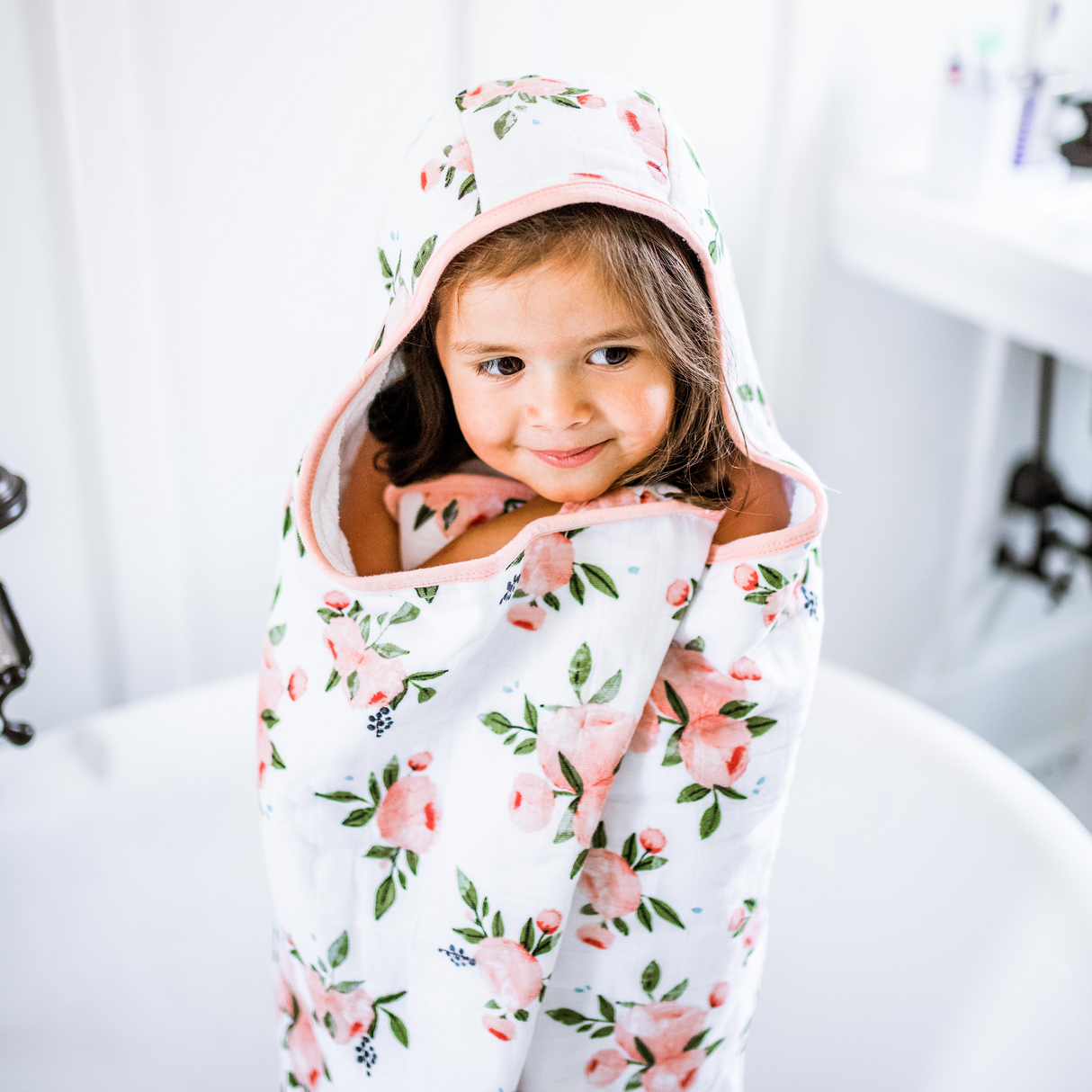 Toddler Hooded Towel - Watercolor Roses - HoneyBug 