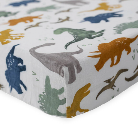 Cotton Muslin Crib Sheet - Dino Friends - HoneyBug 