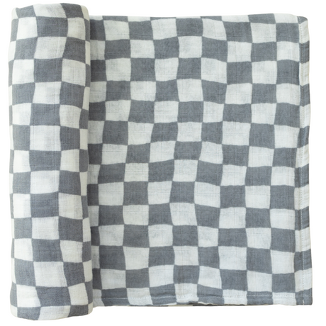 Dusty Blue Wavy Checkered Muslin Swaddle Blanket - HoneyBug 