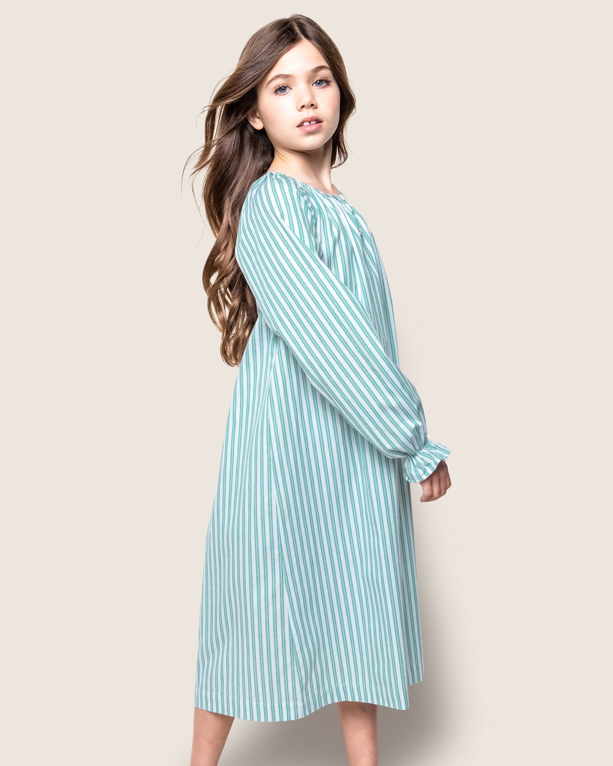 Girl's Twill Delphine Nightgown in Emerald Ticking