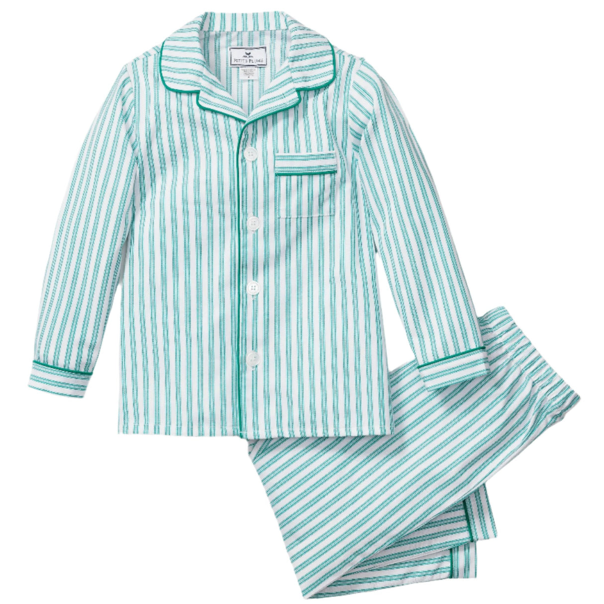 Kid's Twill Pajama Set in Emerald Ticking