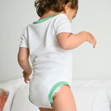 100% Peruvian Pima Cotton White with Grass Green Short Sleeve Snap Bodysuit - HoneyBug 