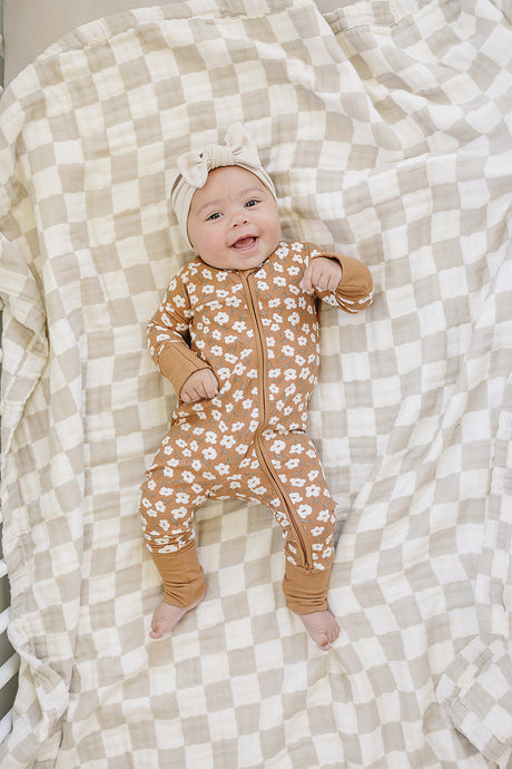 Mustard Floral Ribbed Bamboo Zipper - HoneyBug 