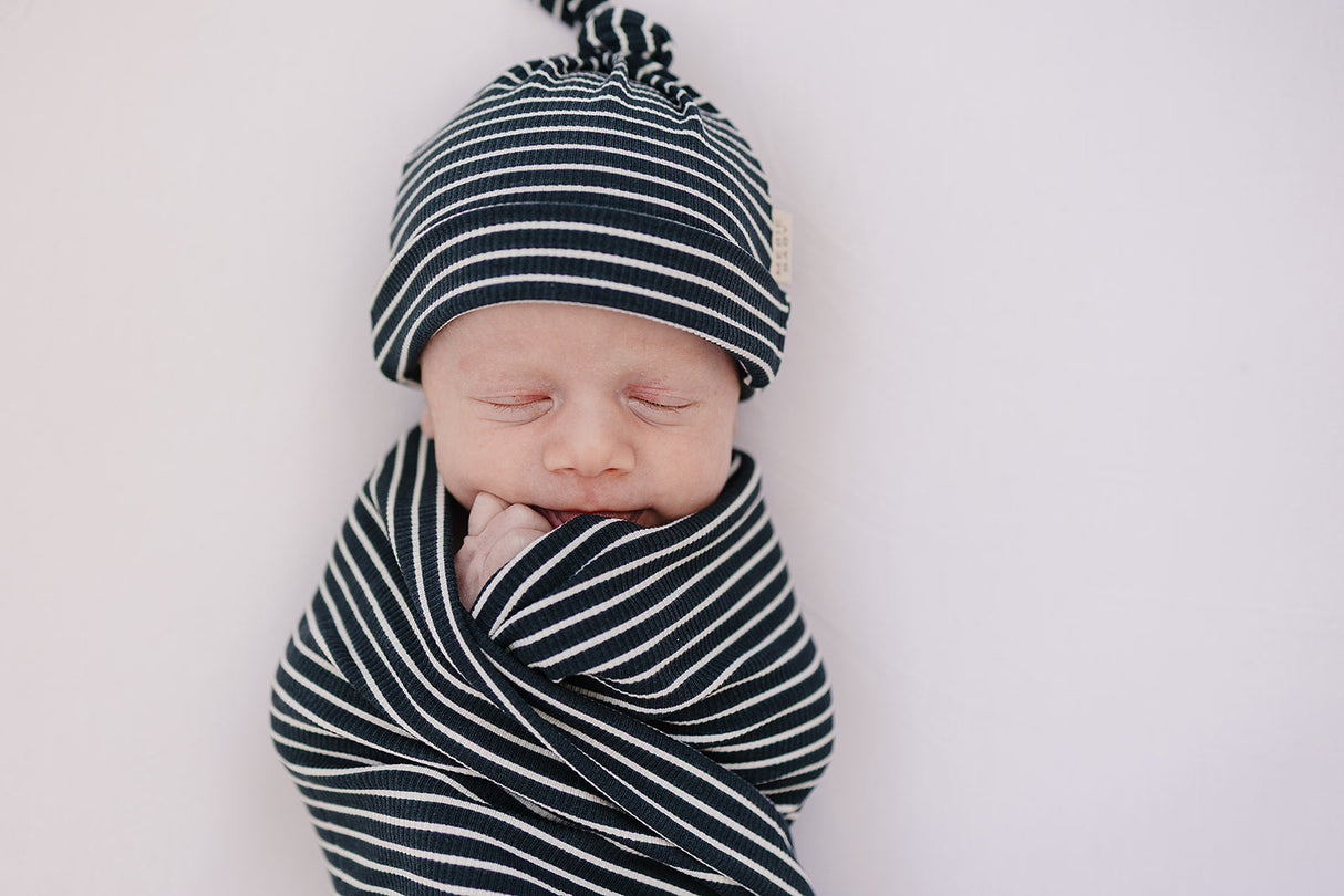 Navy Stripes Ribbed Bamboo Stretch Swaddle - HoneyBug 