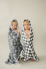 Charcoal Checkered Muslin Hooded Towel - HoneyBug 