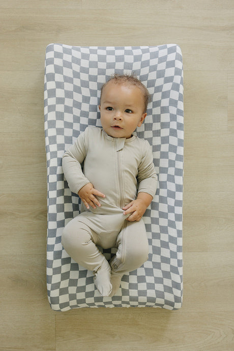 Dusty Blue Wavy Checkered Muslin Changing Pad Cover