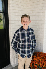 Navy Plaid Button Up Shirt - HoneyBug 