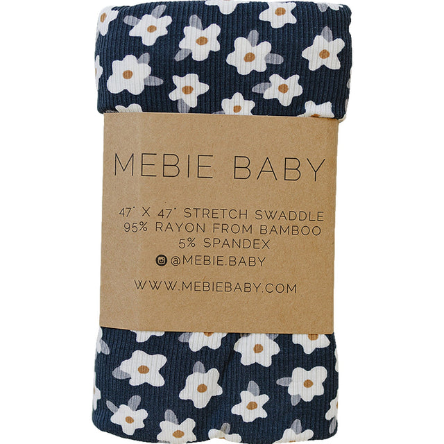 Navy Daisy Ribbed Bamboo Stretch Swaddle - HoneyBug 
