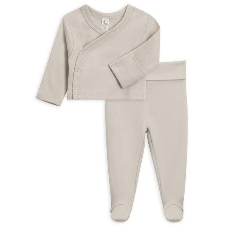 Kimono Wrap Top + Footed Pant Set - Stone - HoneyBug 