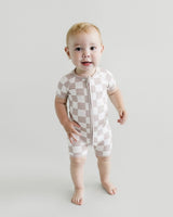 Bamboo Shorty Romper | Latte Checkered - HoneyBug 