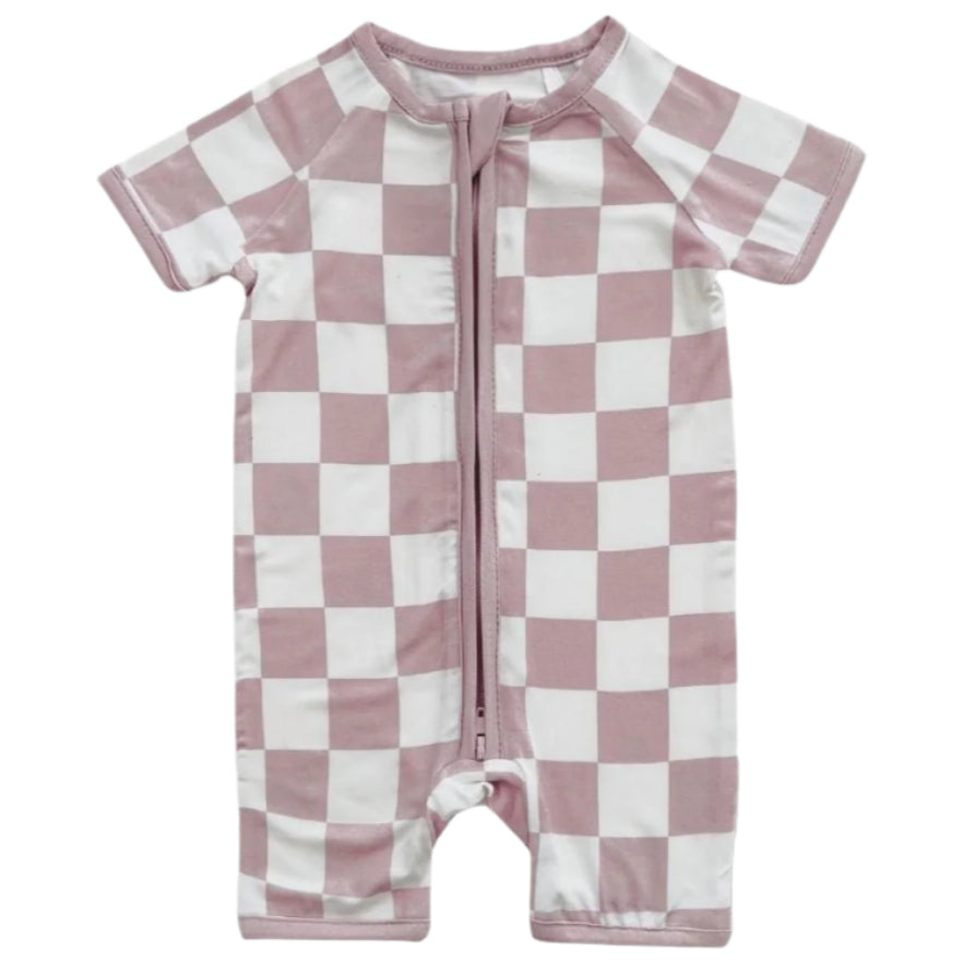 Bamboo Shorty Romper | Latte Checkered - HoneyBug 