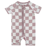 Bamboo Shorty Romper | Latte Checkered - HoneyBug 