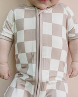 Bamboo Shorty Romper | Latte Checkered - HoneyBug 