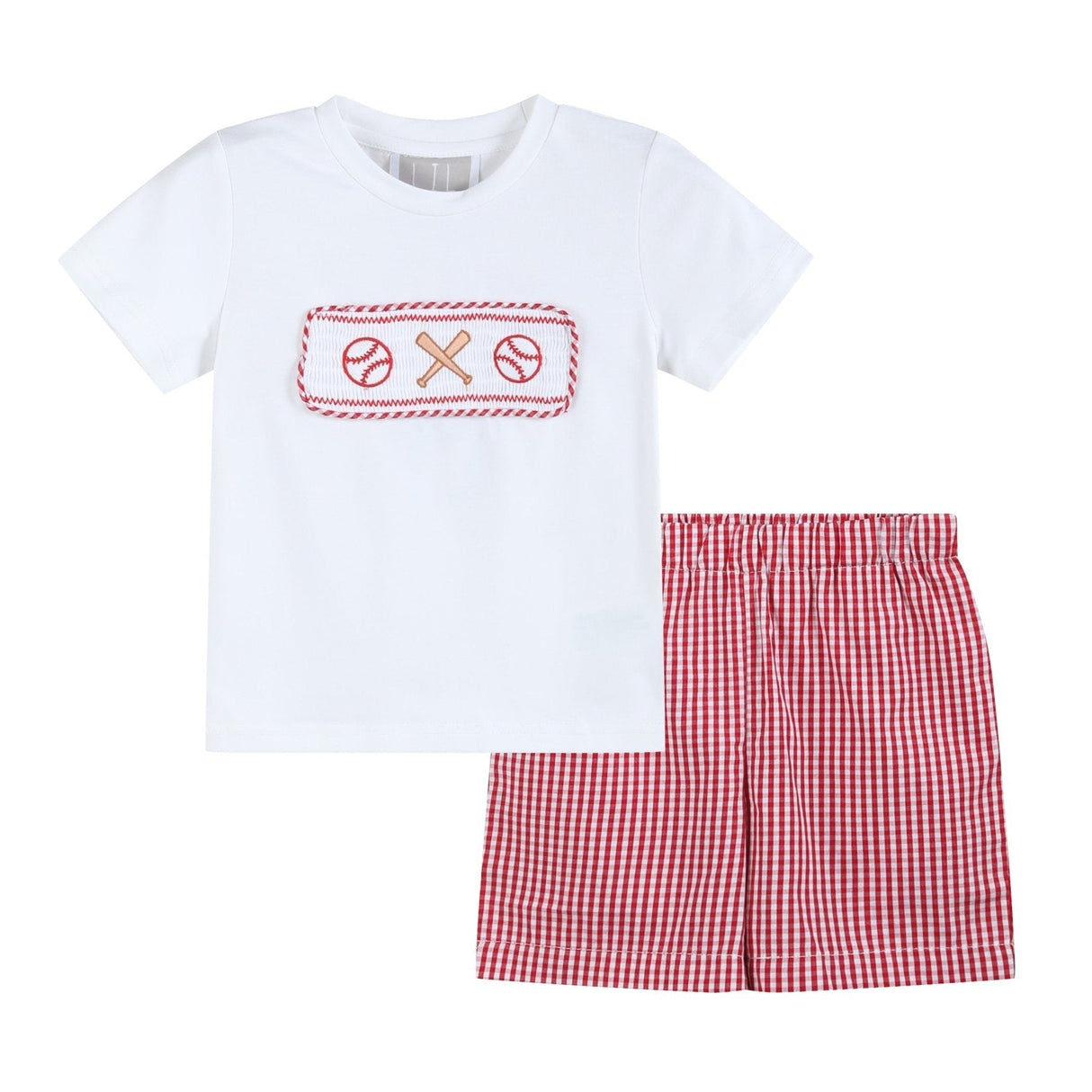 Baseball Smocked Shirt and Red Gingham Shorts Set