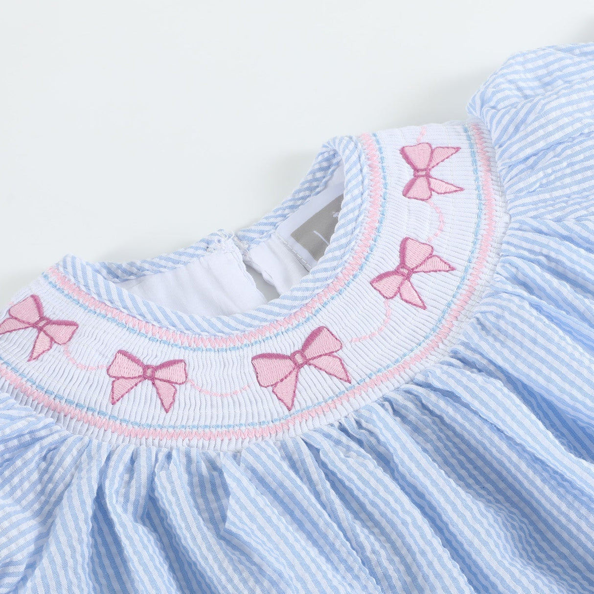 Blue Seersucker Bow Smocked Bishop Dress