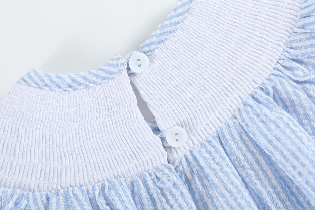 Blue Seersucker Bow Smocked Flutter Romper
