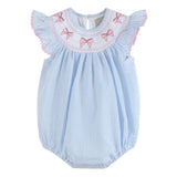 Blue Seersucker Bow Smocked Flutter Romper