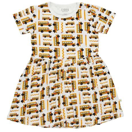 Stretchy Short Sleeve Twirl Dress - School Buses - HoneyBug 