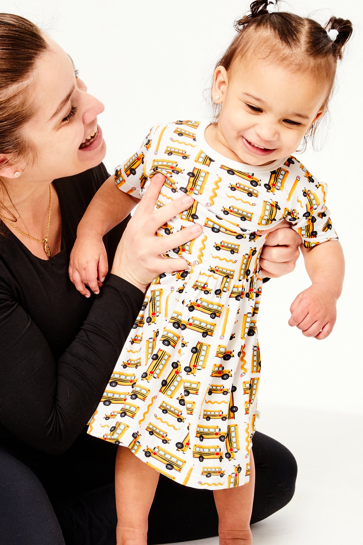 Stretchy Short Sleeve Twirl Dress - School Buses - HoneyBug 