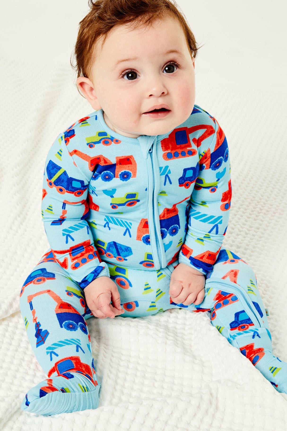 Soft & Stretchy Zipper Footie - Construction Blue - HoneyBug 