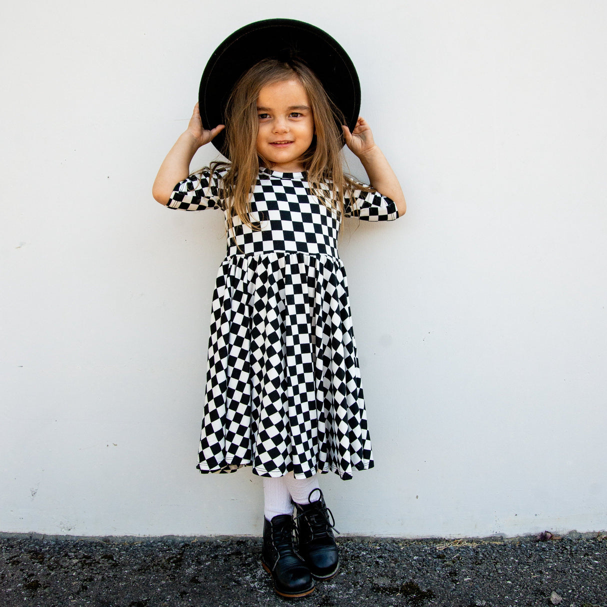 MID SLEEVE TWIRL DRESS- B+W Check - HoneyBug 