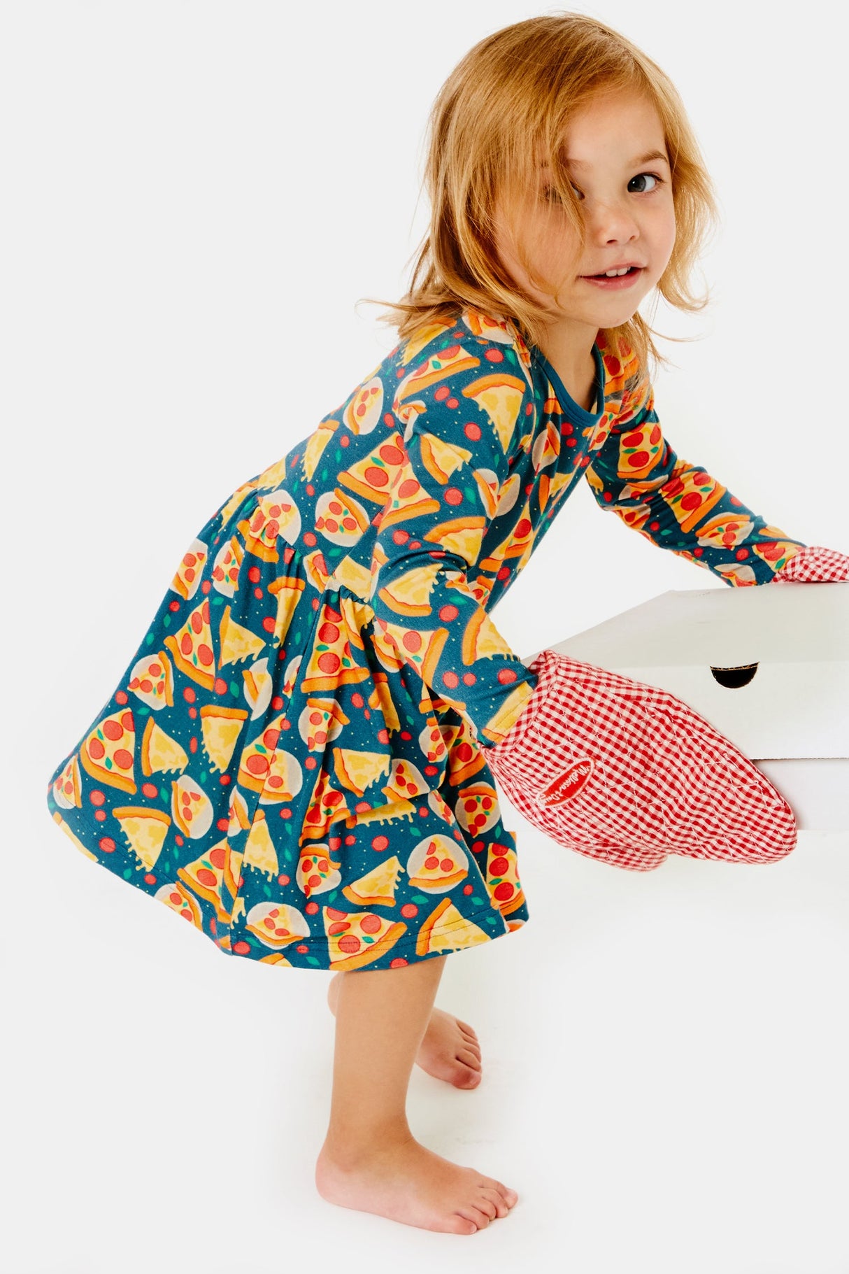 Stretchy Long Sleeve Twirl Dress - Pizza Party - HoneyBug 