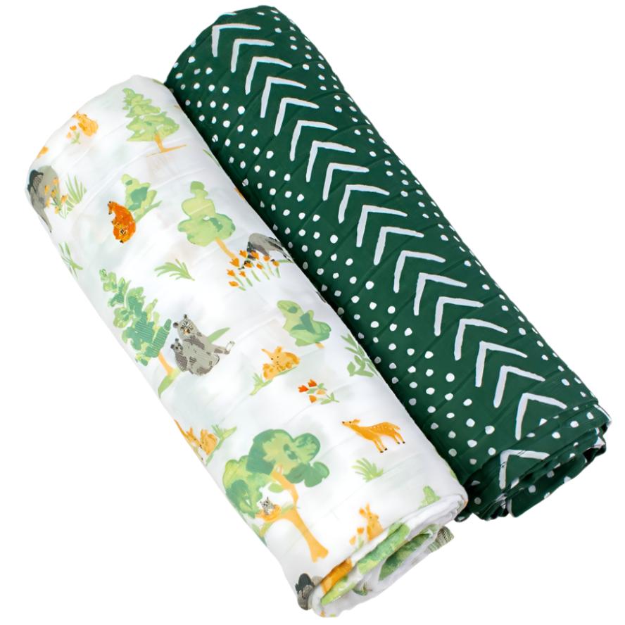 Muslin Swaddle Blanket Set Premium Cotton  Forest Friends + Mudcloth - HoneyBug 