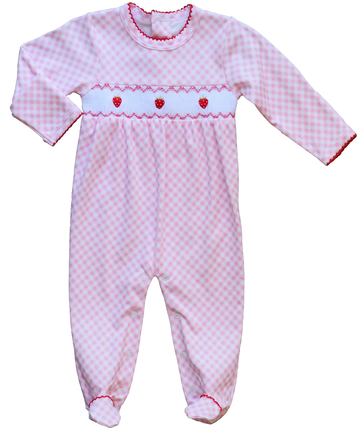 Pink Gingham Strawberry Smocked Footie - HoneyBug 
