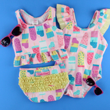 RuffleButts Baby Ice Cream One Piece with Roshambo Pink Glitter Sunglasses - HoneyBug 