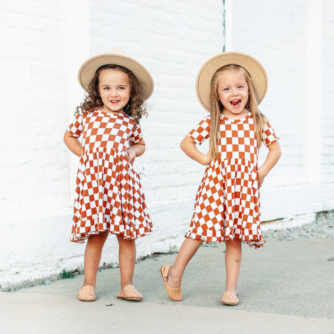 COPPER CHECKERS DREAM RUFFLE DRESS