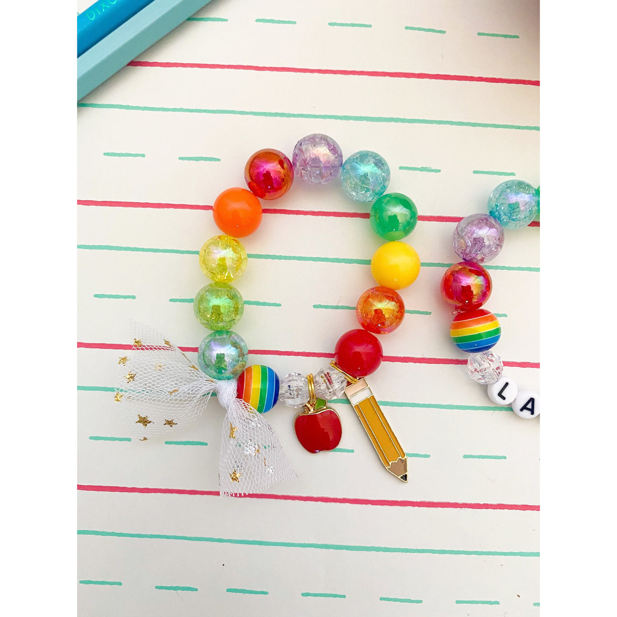 Back to School: Rainbow Pencil and Apple Charm Bracelet- Customizable - HoneyBug 