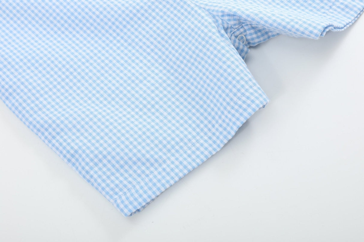 Light Blue Gingham Easter Bunny Applique Shortalls