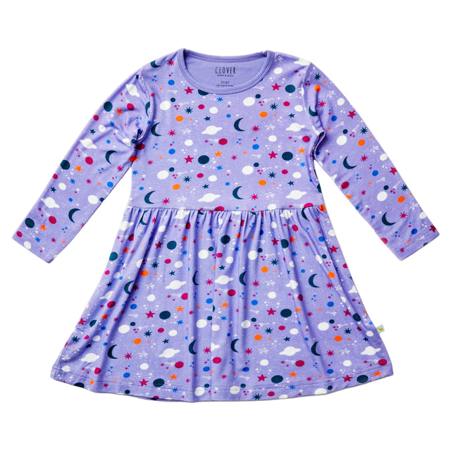 Stretchy Long Sleeve Twirl Dress - Luna Lavender - HoneyBug 