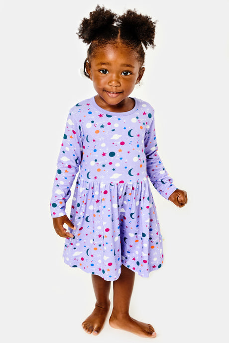 Stretchy Long Sleeve Twirl Dress - Luna Lavender - HoneyBug 