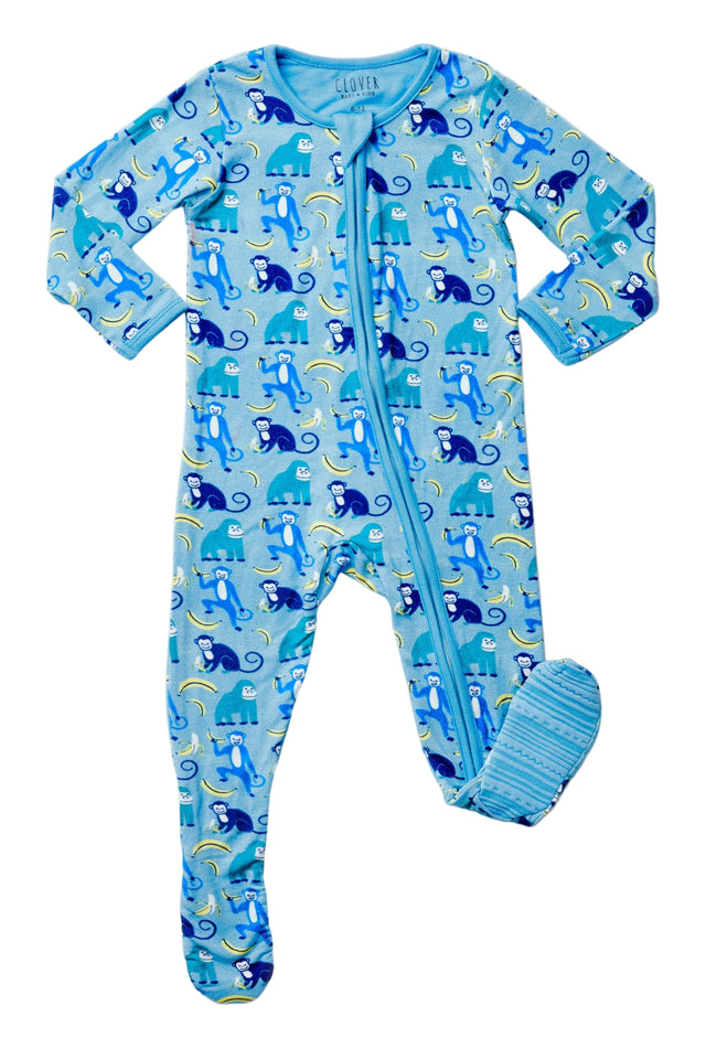Soft & Stretchy Zipper Footie - Monkeying Around Blue - HoneyBug 