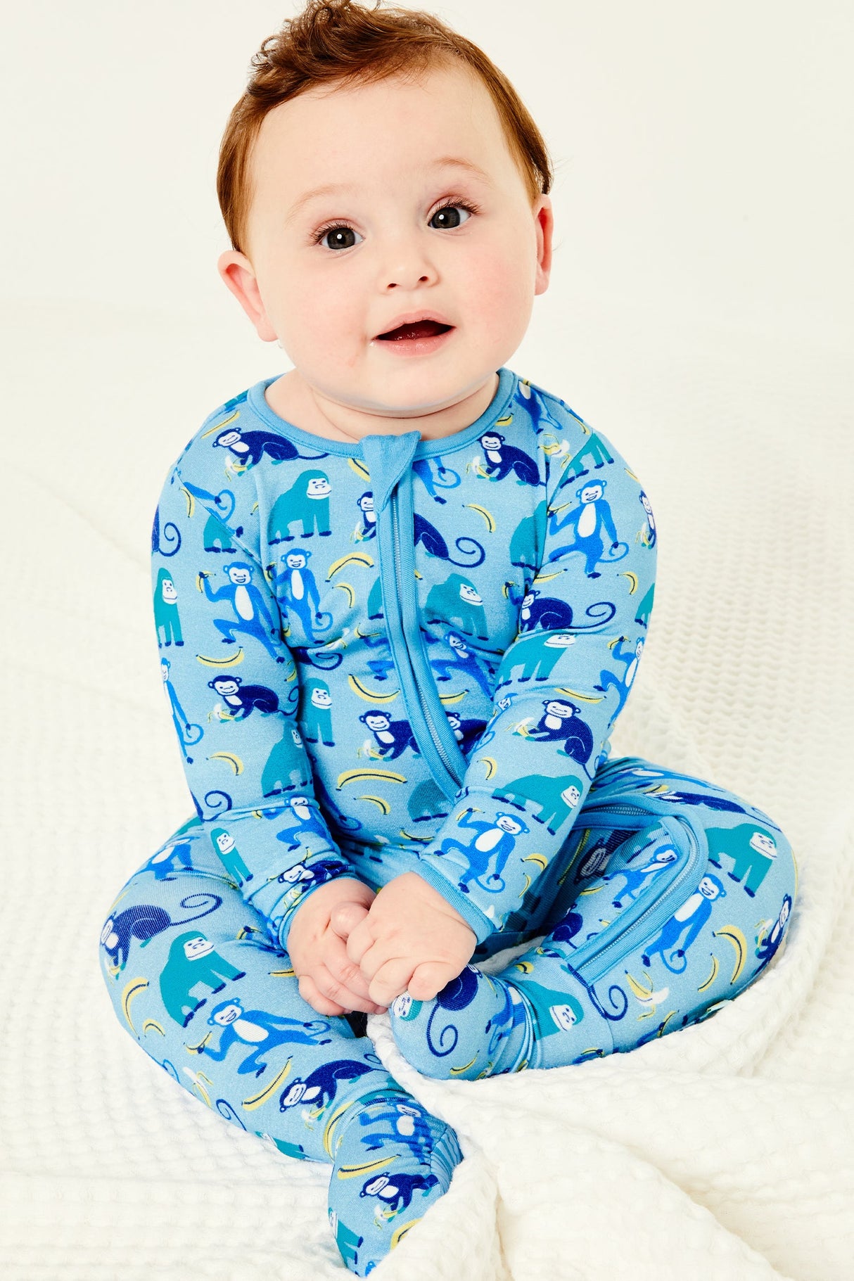 Soft & Stretchy Zipper Footie - Monkeying Around Blue - HoneyBug 