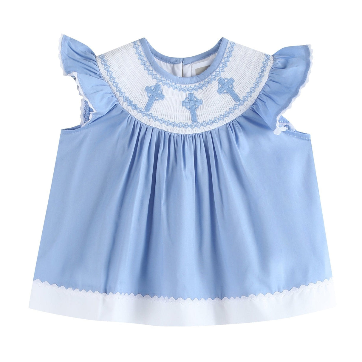 Periwinkle Blue Crosses Smocked Dress and Bloomers Set