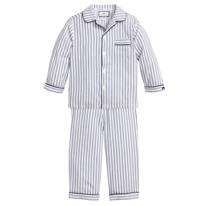 Kid's Twill Pajama Set in Navy French Ticking - HoneyBug 