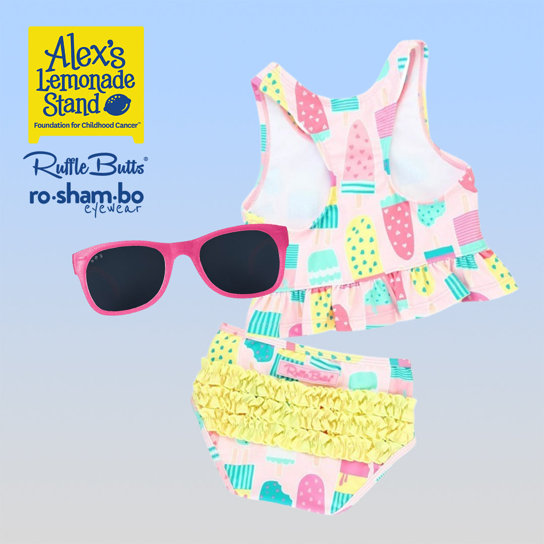 RuffleButts Girls Ice Cream Tankini with Roshambo Pink Glitter Sunglasses - HoneyBug 